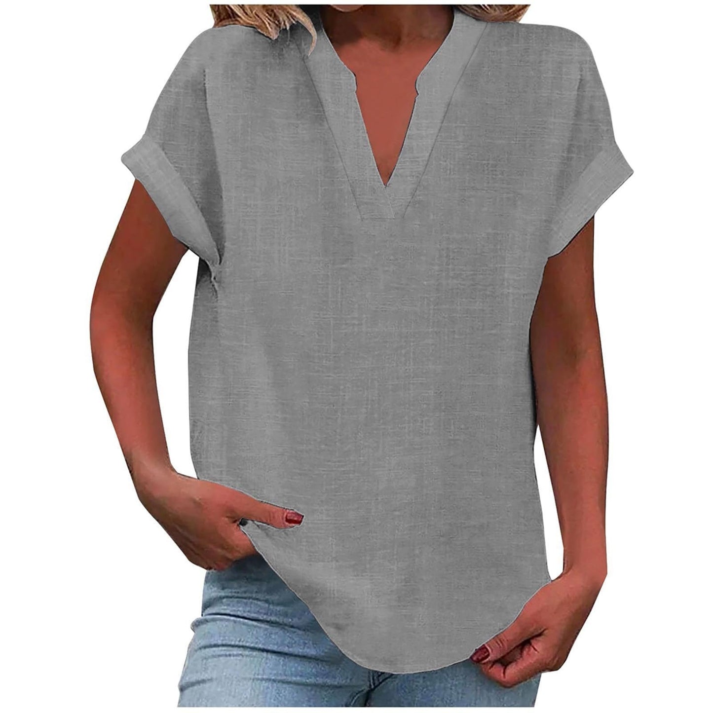 Relaxed ivory v-neck blouse with rolled short sleeves, smooth drape, and effortless polished silhouette