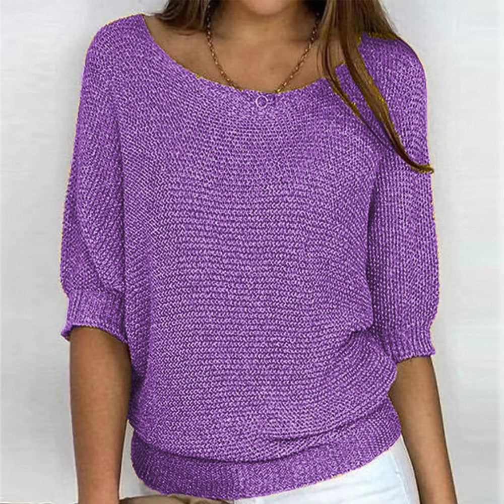 Cozy knit comfort sweater in neutral tone, relaxed flattering silhouette with featherlight soft fabric