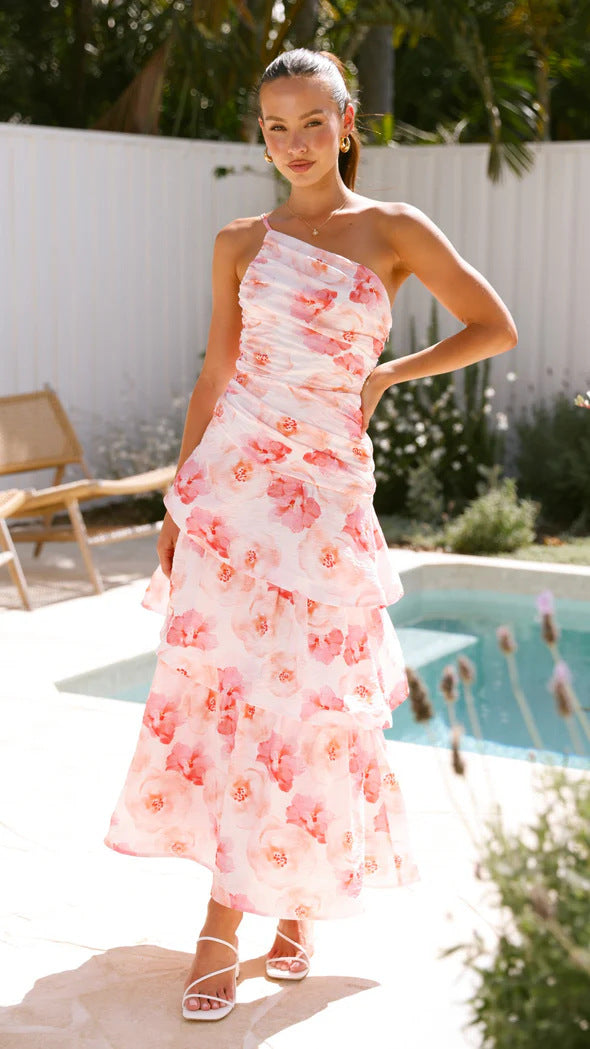 Wavlynn women's maxi dress one-shoulder ruched bodice tiered A-line skirt elegant summer wear