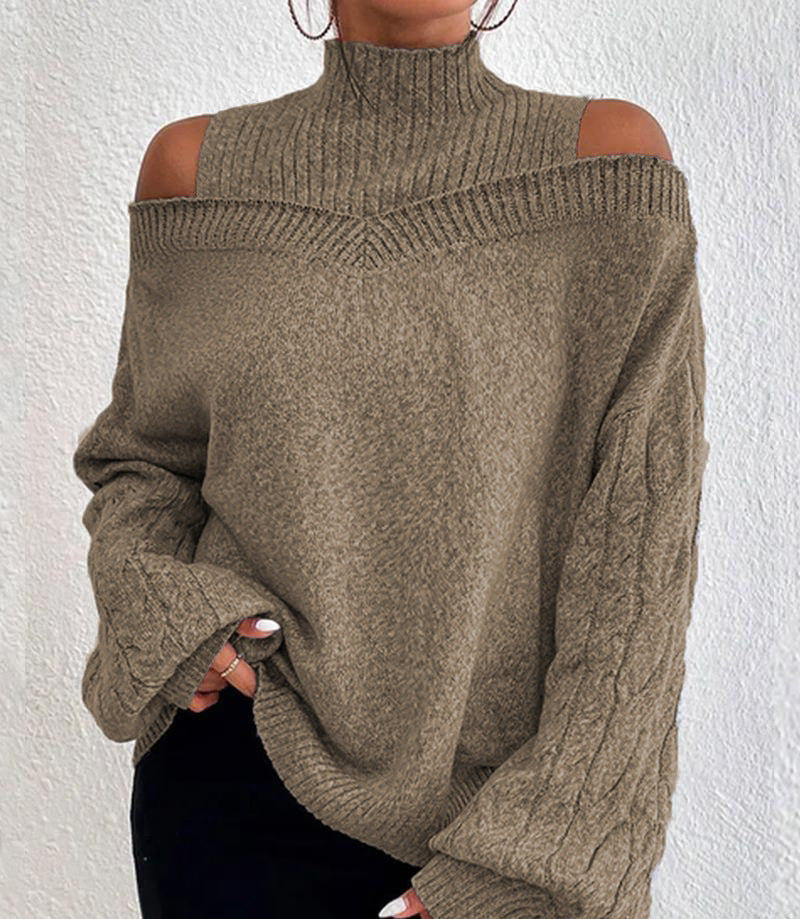 Women's off-shoulder knit sweater with cutout neckline, cozy everyday chic style in soft blend