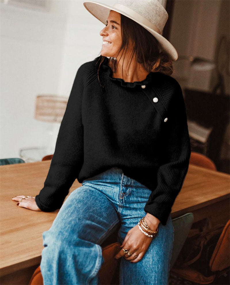 Women's wool blend relaxed fit sweater with ruffled neckline, long sleeve cozy knit style