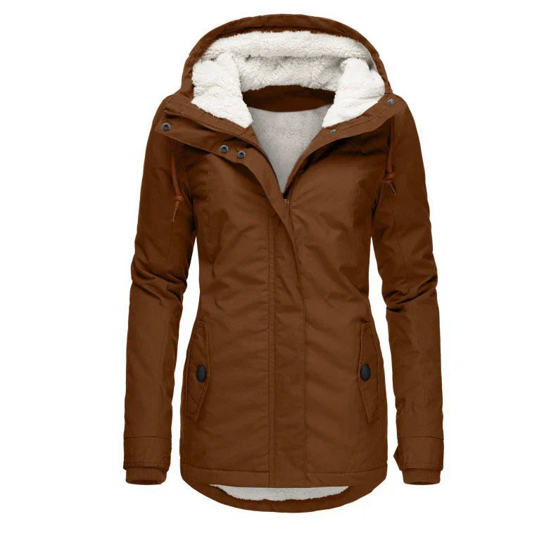 Women's hooded parka coat semi-fitted mid-thigh length with plush lining weather-resistant warm