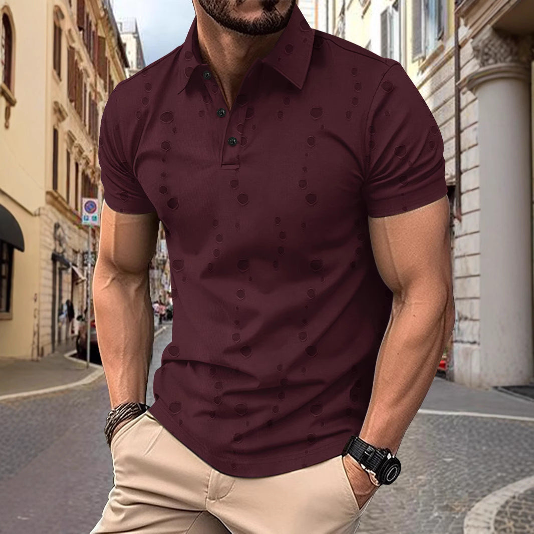 Men's slim fit pique polo shirt subtle pattern short sleeve breathable knit smart casual top