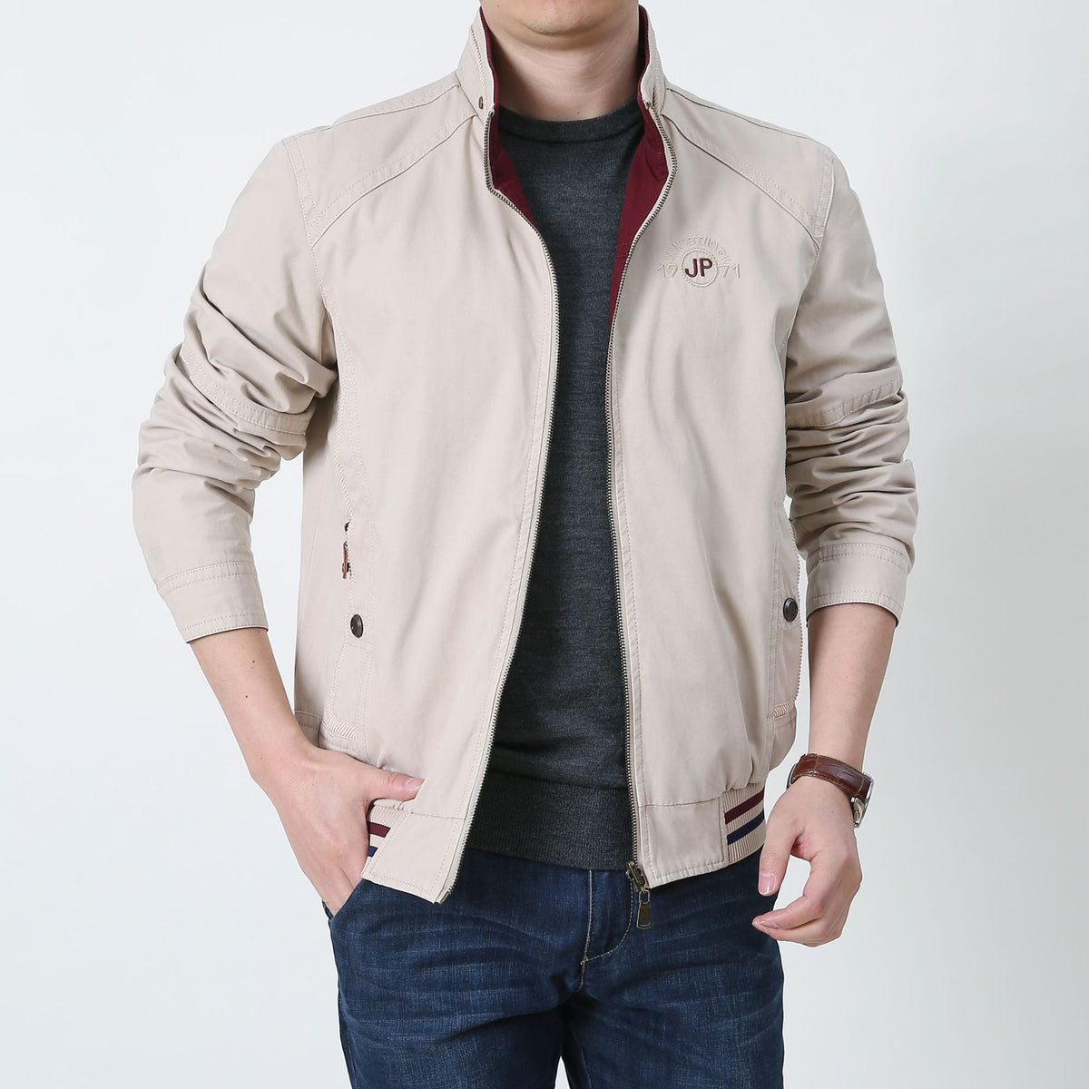 Men's reversible zip jacket breathable mixed fabric casual outerwear two-in-one versatile style