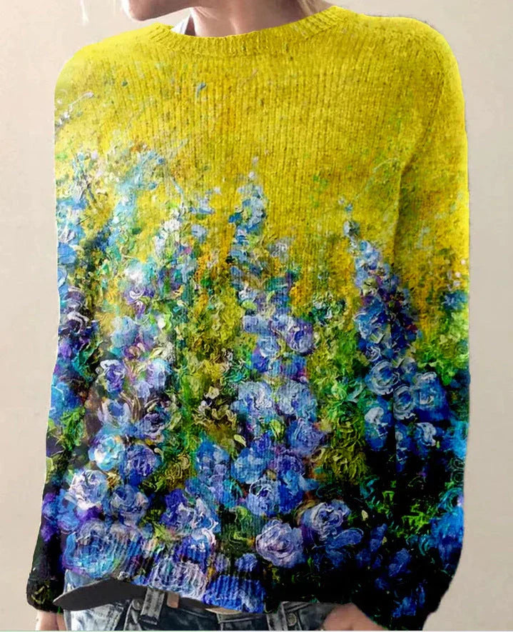 Women's relaxed fit wool-feel sweatshirt with floral embroidery, long sleeves, casual everyday style
