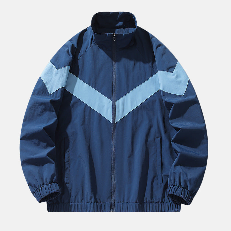 Lightweight color-block track jacket with bold V-stripe, stand collar, and elastic cuffs for sporty style
