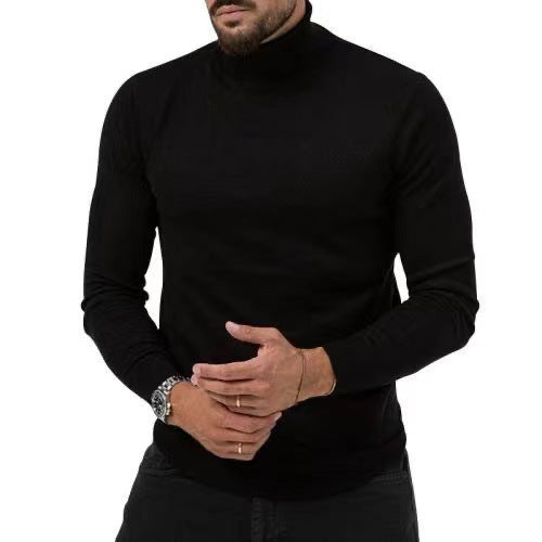 Men's slim fit turtleneck top in cotton blend knit with ribbed trim, long sleeve layering essential