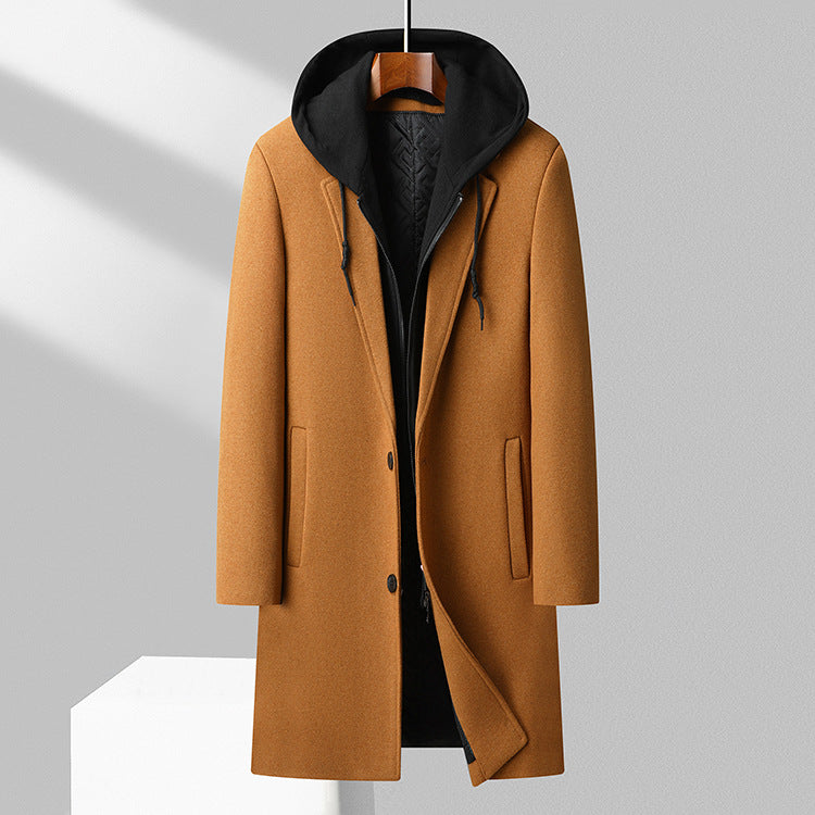 Men's long hooded wool blend coat in classic button-front style with structured winter silhouette