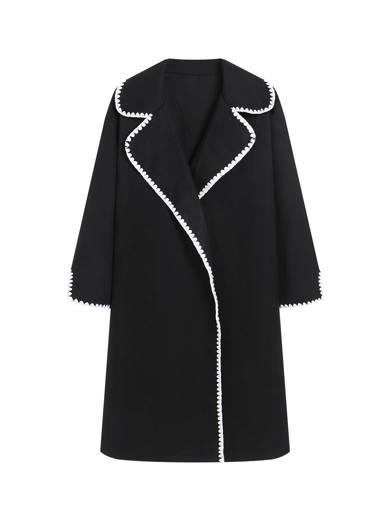 Women's oversized wool windbreaker jacket with lapel collar and delicate shell embroidery detail