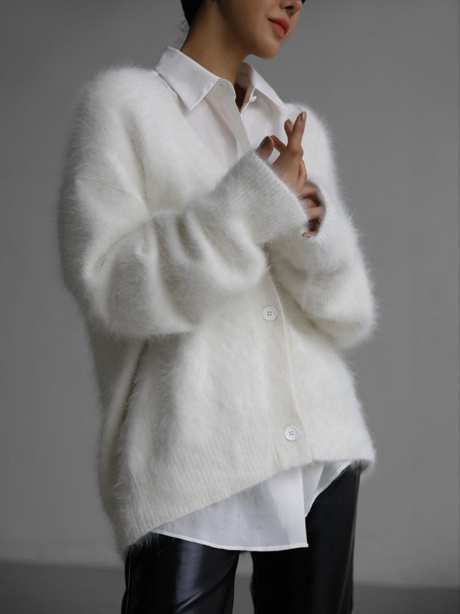 Women's oversized mohair blend cardigan with V-neck button closure, fluffy loose fit cozy layering