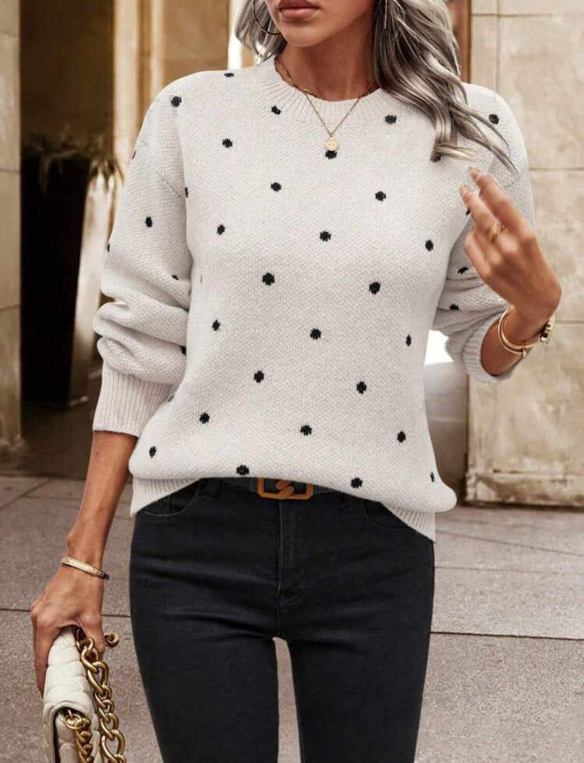 Women's relaxed-fit knit sweater in polka dot pattern, wool-blend fabric for cozy everyday warmth