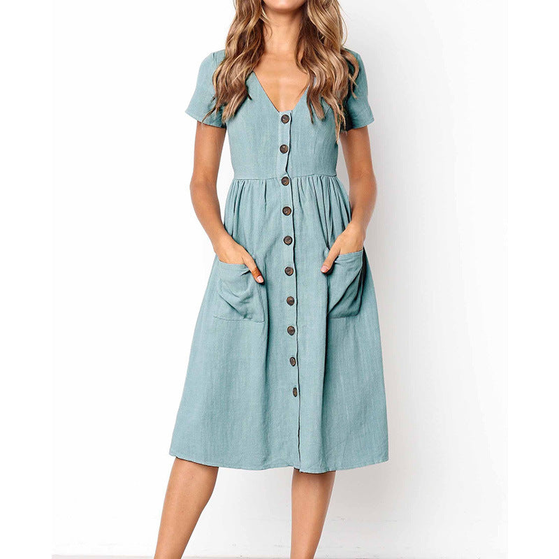 Women's midi A-line dress, V-neck button-front, short sleeve cotton blend with pockets