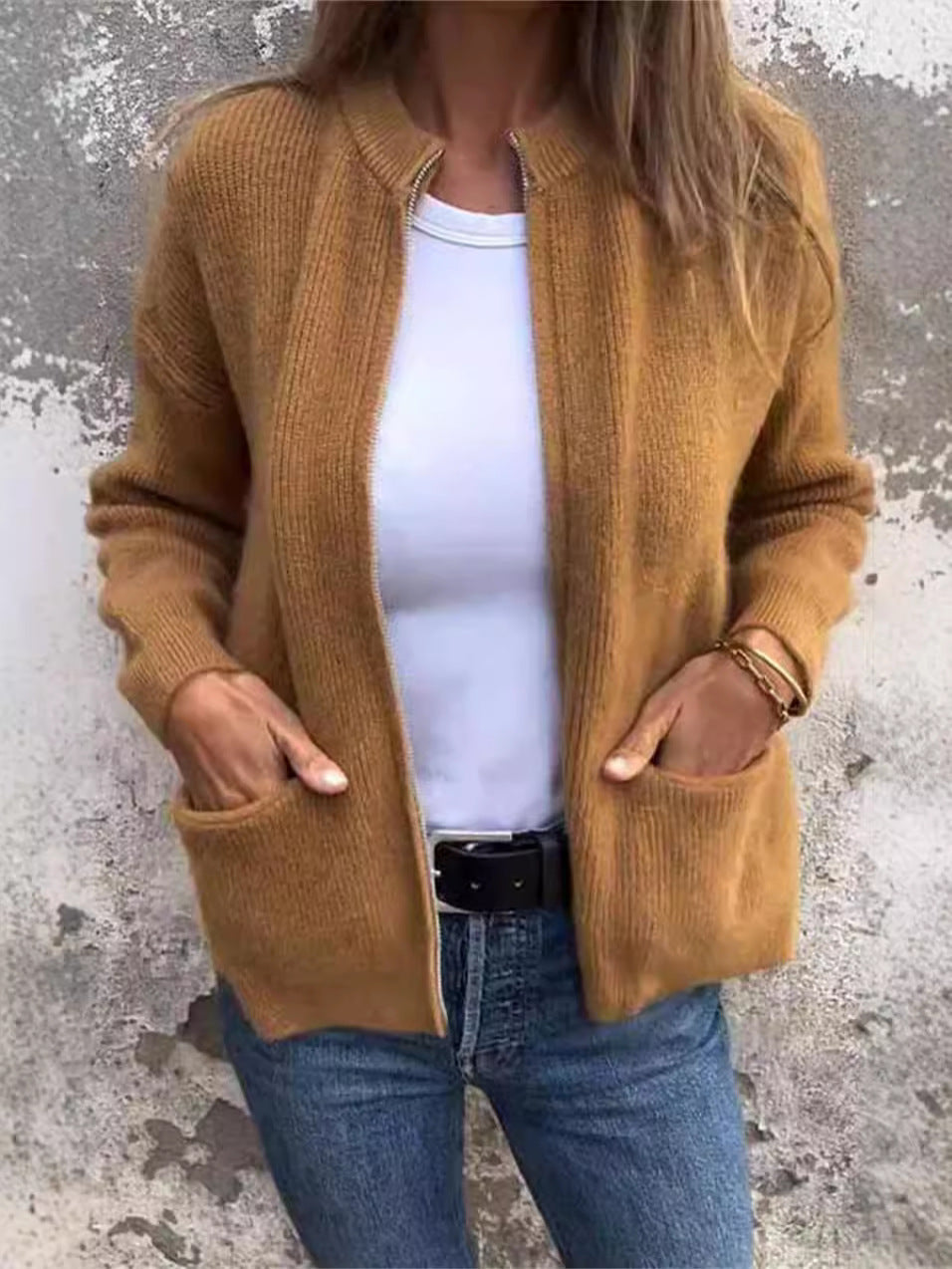 Women's ribbed knit jacket loose fit stand-up collar zipper front pockets casual outerwear