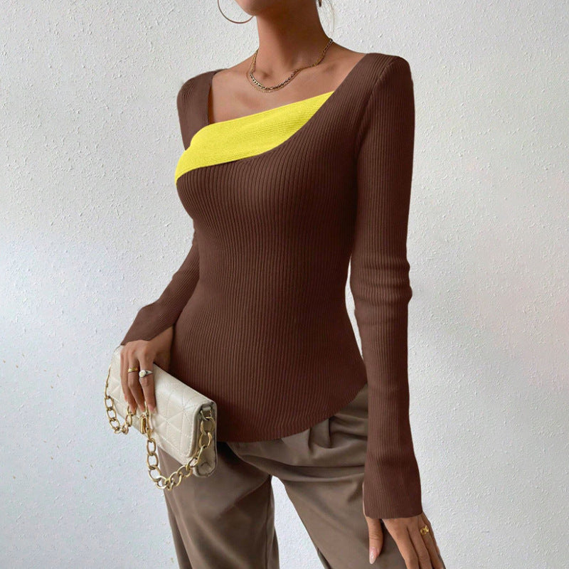 Women's ribbed slim fit knit sweater with asymmetric neckline and long sleeves in Nordic style