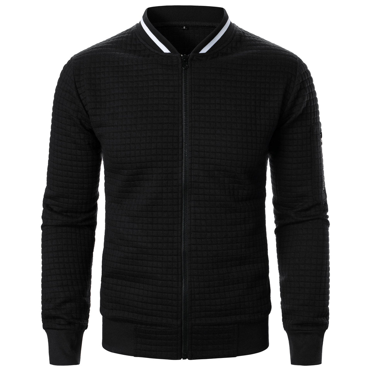 Men's black quilted bomber jacket with zipper closure, athletic silhouette for everyday warmth