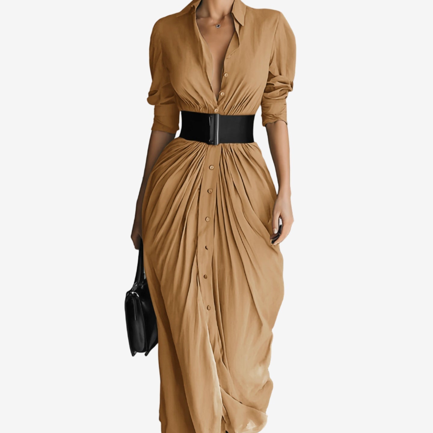 Waverly long sleeve dress in elegant fitted silhouette with flowing skirt and tailored waist