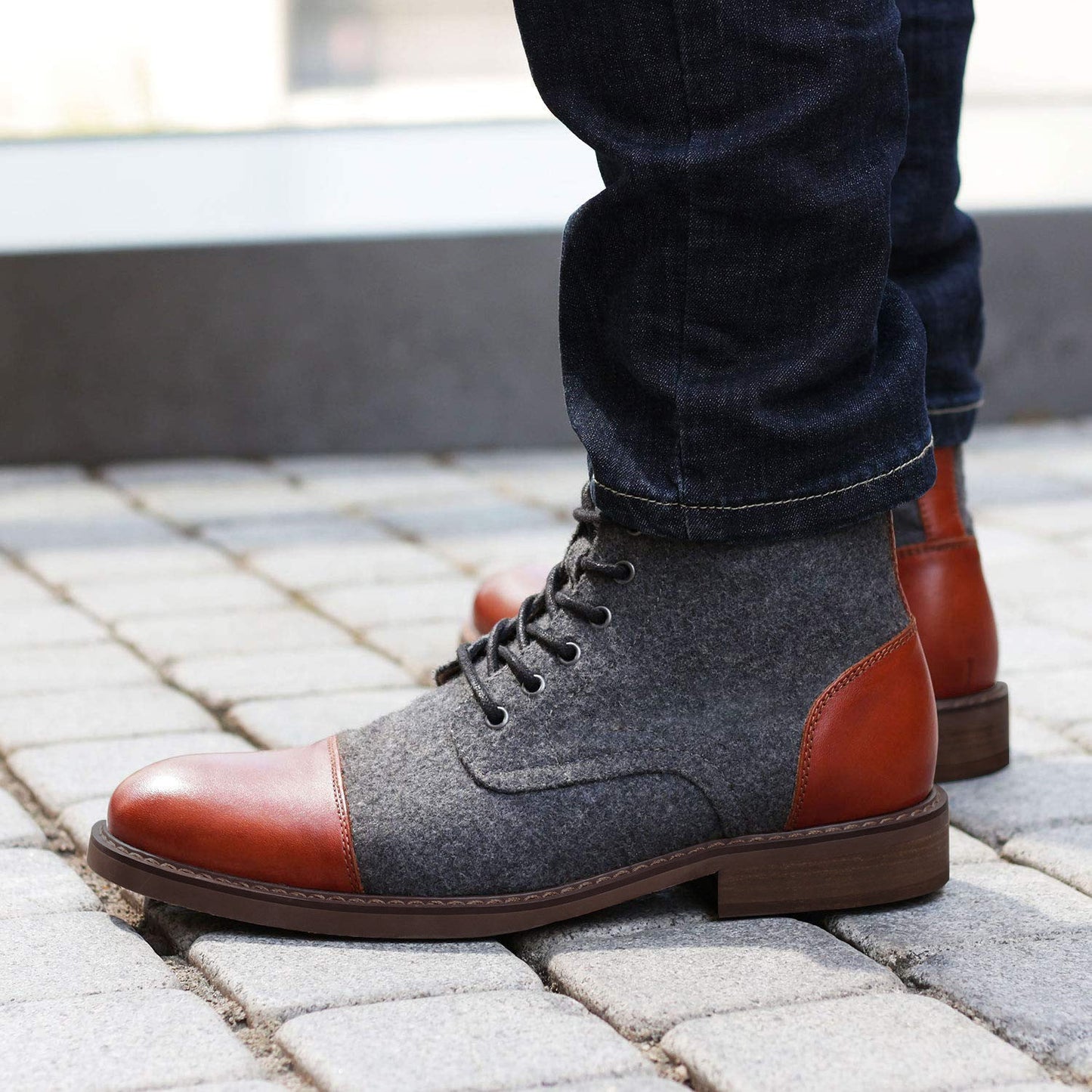 Men's black leather ankle boots cap toe lace-up smart casual dress style with textile upper