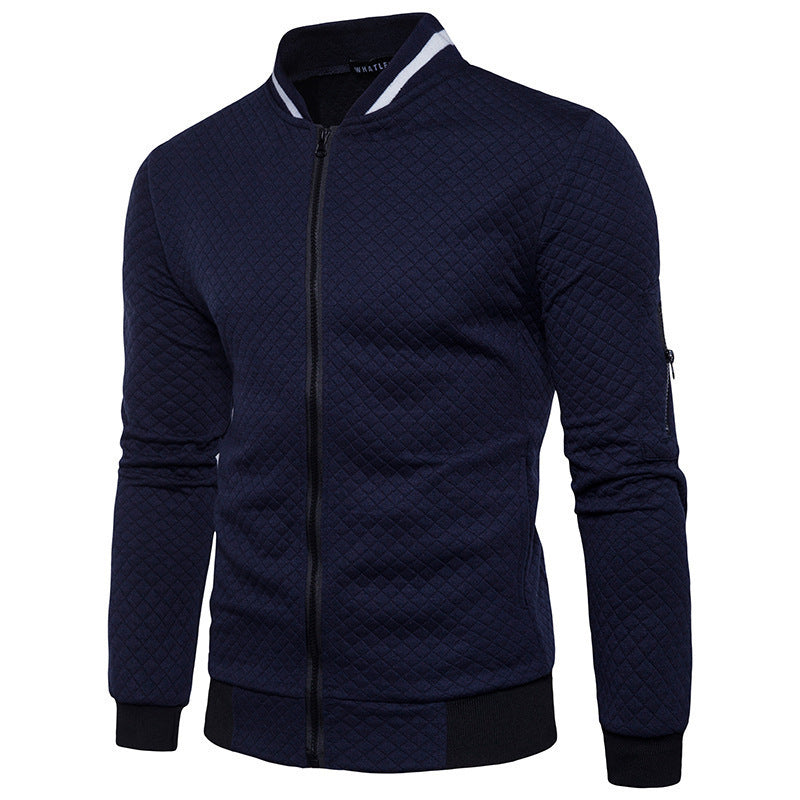 Men's navy quilted bomber jacket slim fit zip-front with premium textured cotton blend fabric