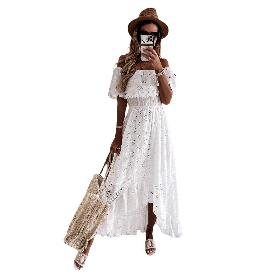 White off-shoulder lace maxi dress with fitted waist and flowing bohemian silhouette for women