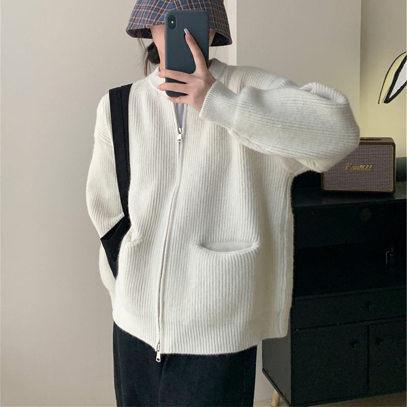 Women's oversized ribbed wool blend cardigan cozy fit with pockets and double zipper, Nordic-Flair