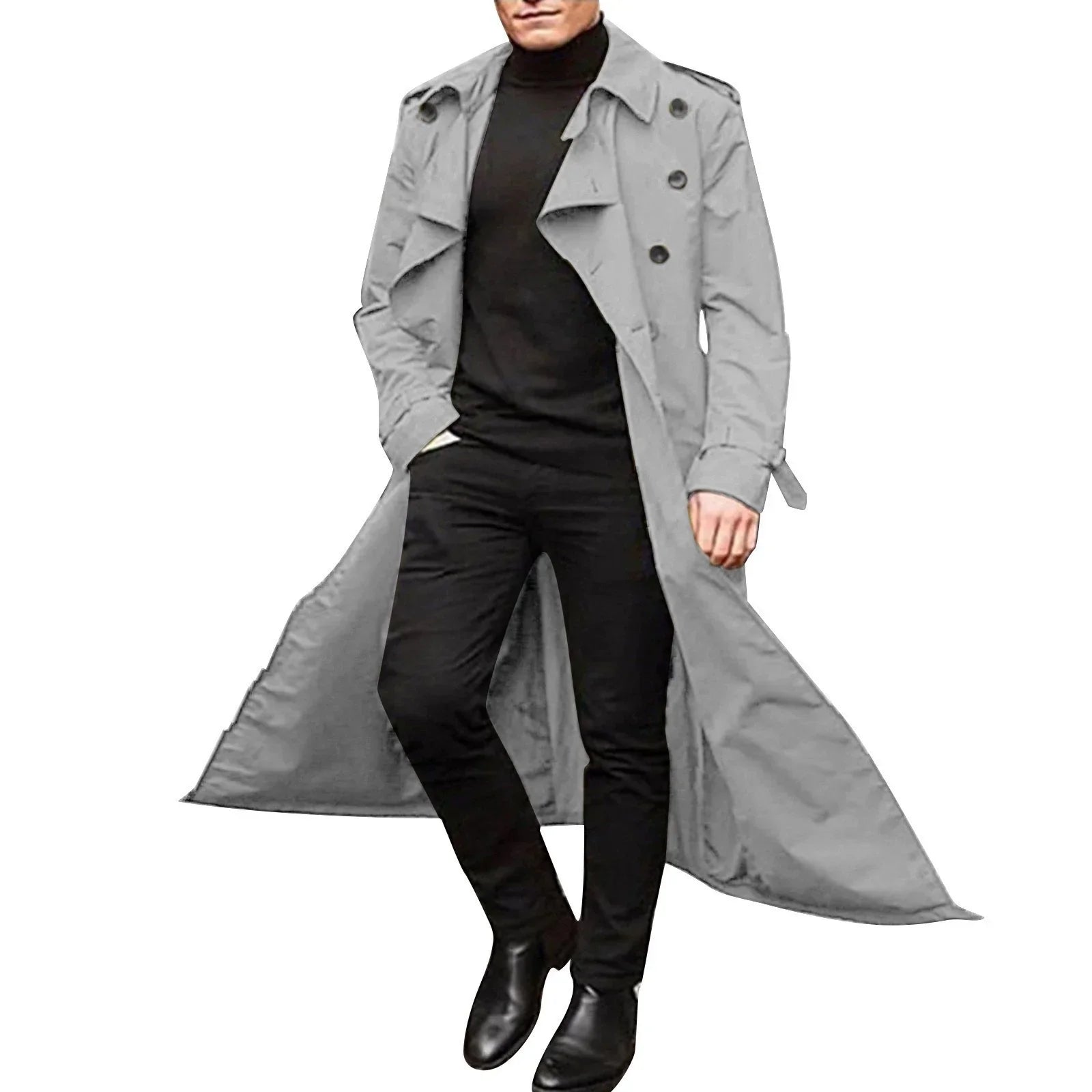 Men's camel tailored-fit double-breasted trench coat with notched lapels, full-length professional style