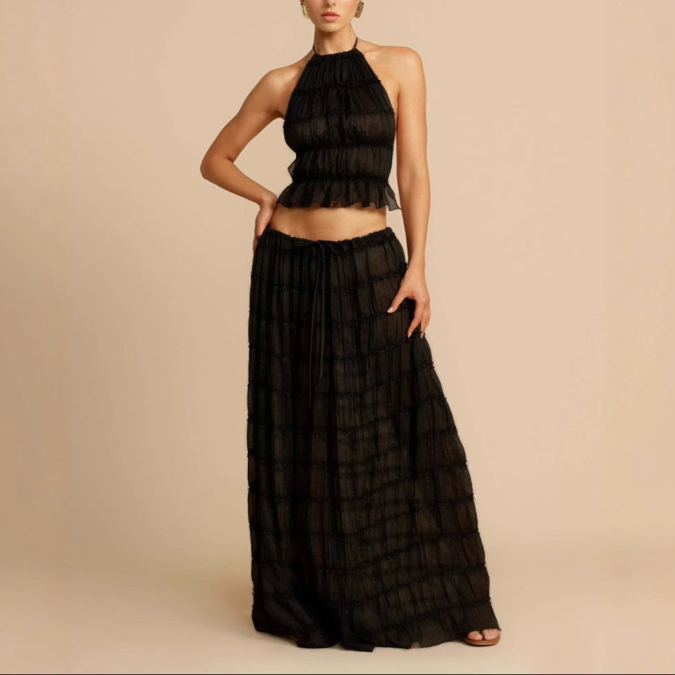 Women's ruched halter crop top and elastic waist maxi skirt two-piece set, chic summer coordinate