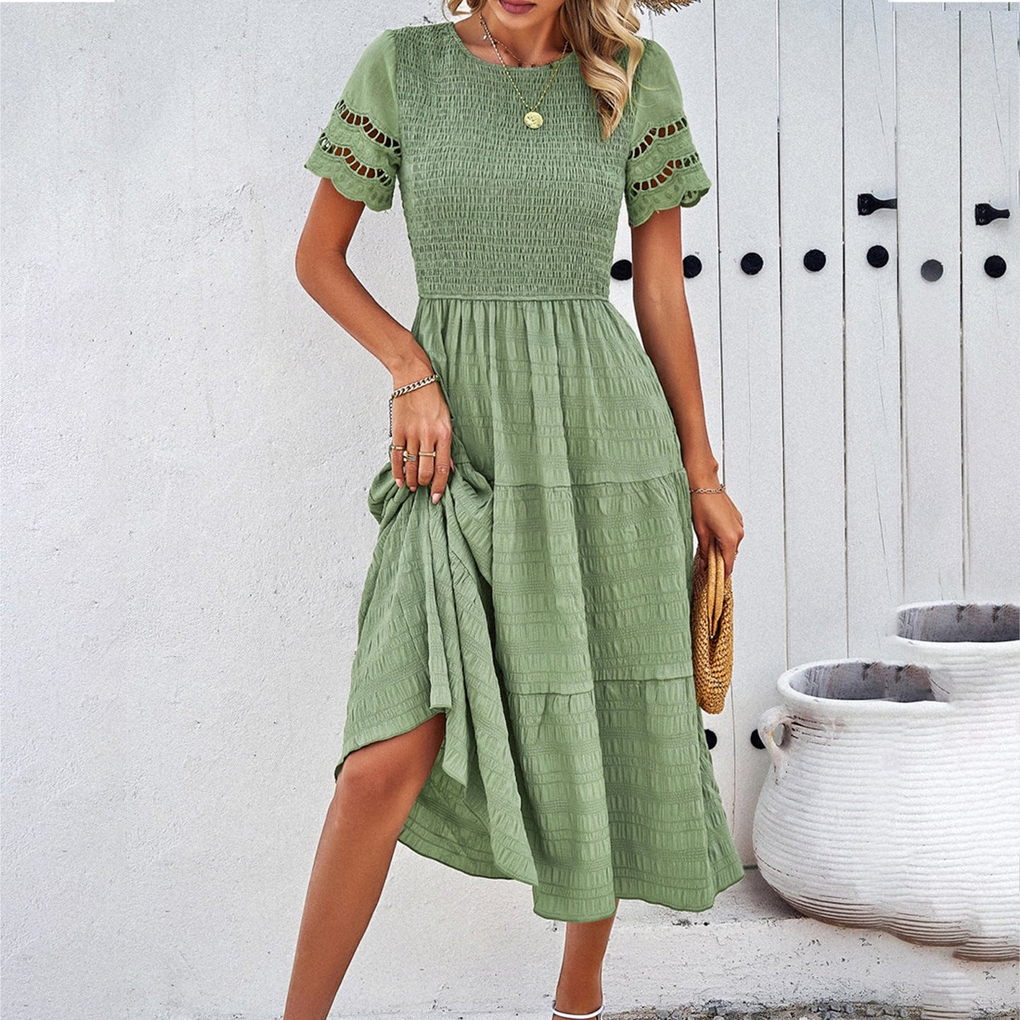 Women's loose fit midi dress smocked bodice tiered skirt cut-out short sleeves cotton casual chic