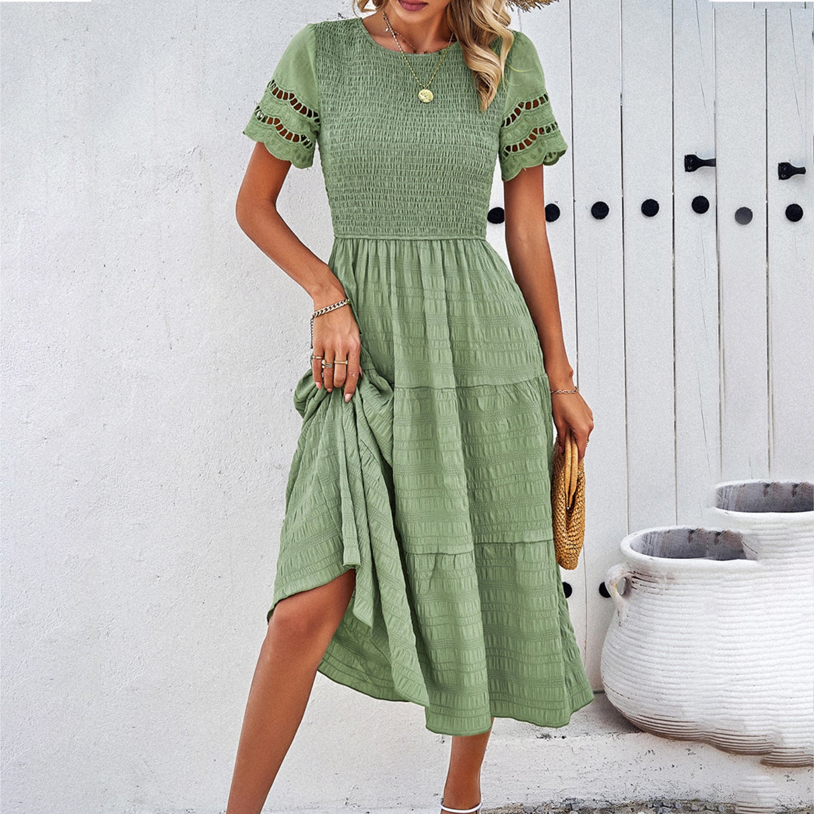Women's loose fit midi dress smocked bodice tiered skirt cut-out short sleeves cotton casual chic