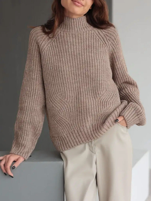 Wavlynn women's warm taupe wool blend turtleneck sweater loose fit raglan ribbed knit