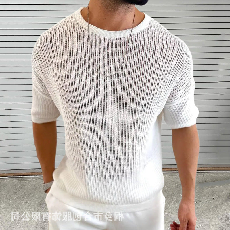Men's slim fit crew neck knit sweater short sleeve light rib texture cotton modern style