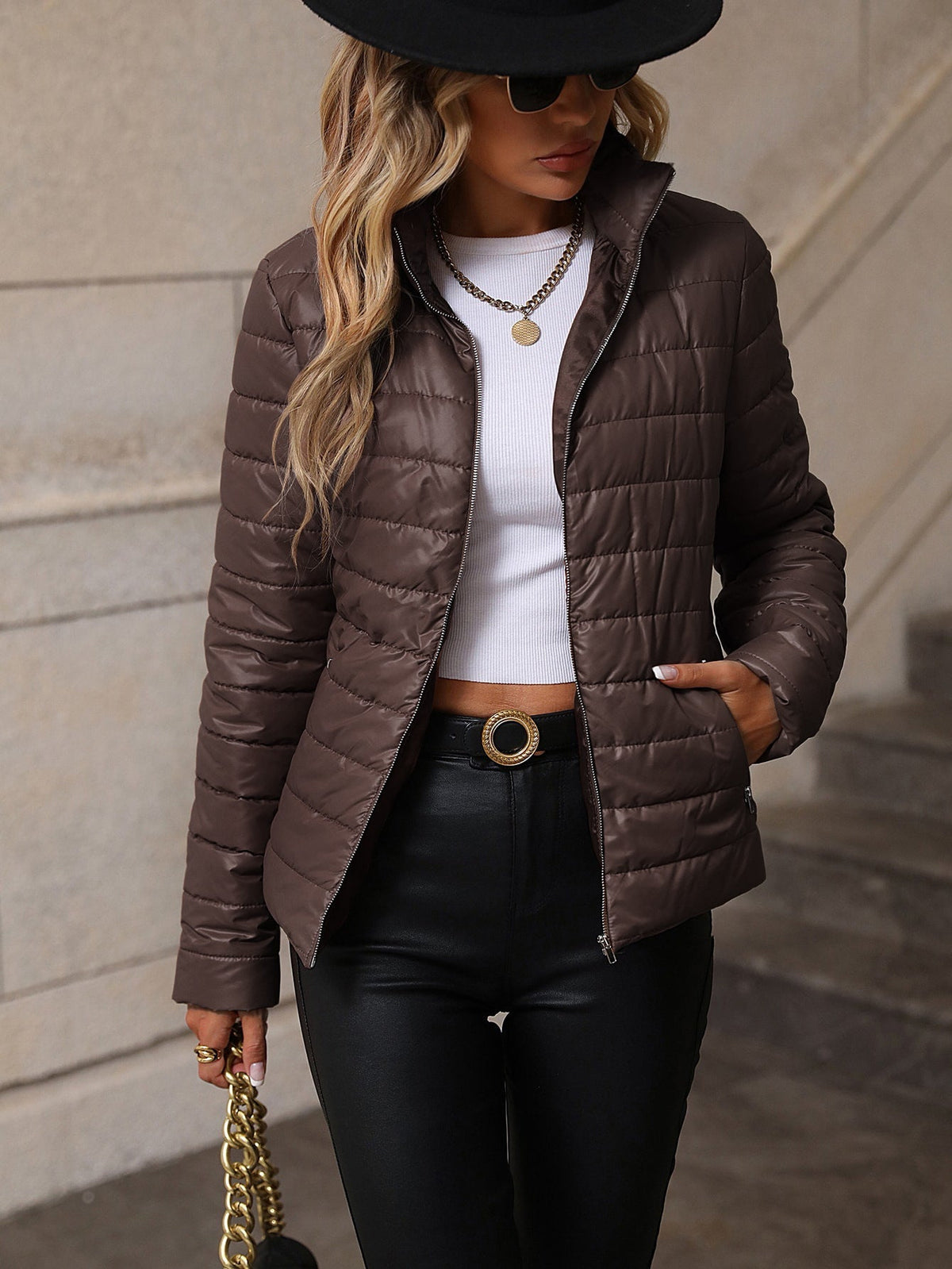 Women's shiny quilted jacket tailored fit zip front half-high collar cotton blend everyday elegance