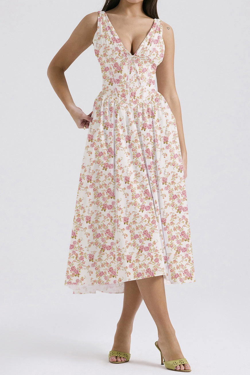 Women's floral print midi dress, sleeveless A-line V-neckline, elegant warm-weather style