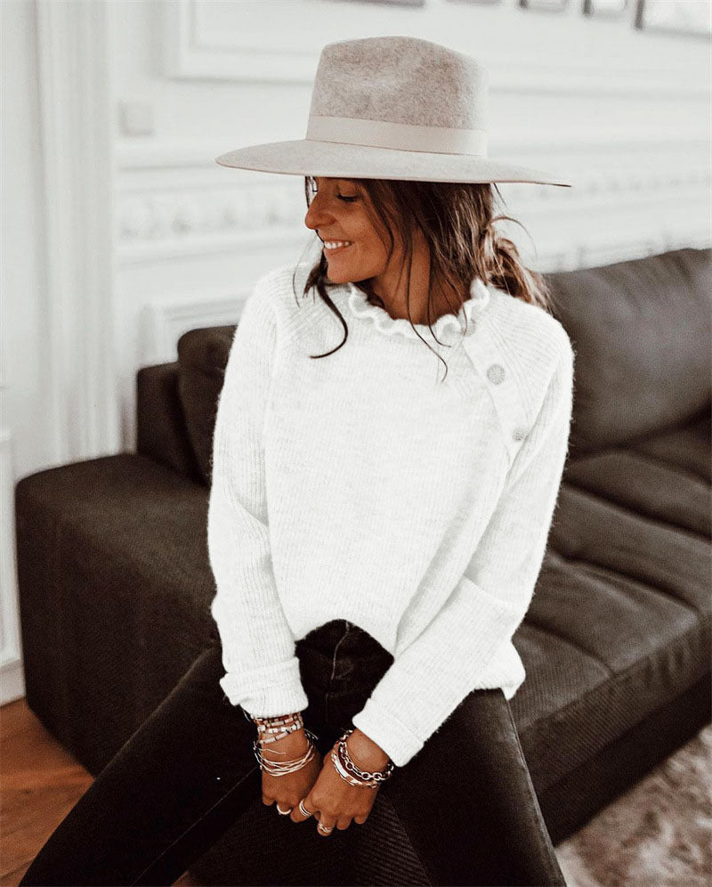Women's wool blend relaxed fit sweater with ruffled neckline, long sleeve cozy chic knit pullover