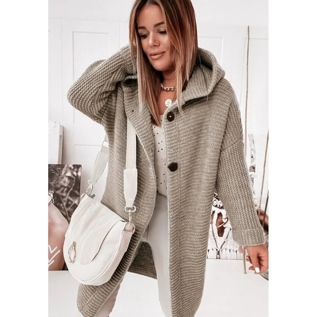 Soft beige longline hooded cardigan ribbed knit button front loose silhouette cozy layering essential