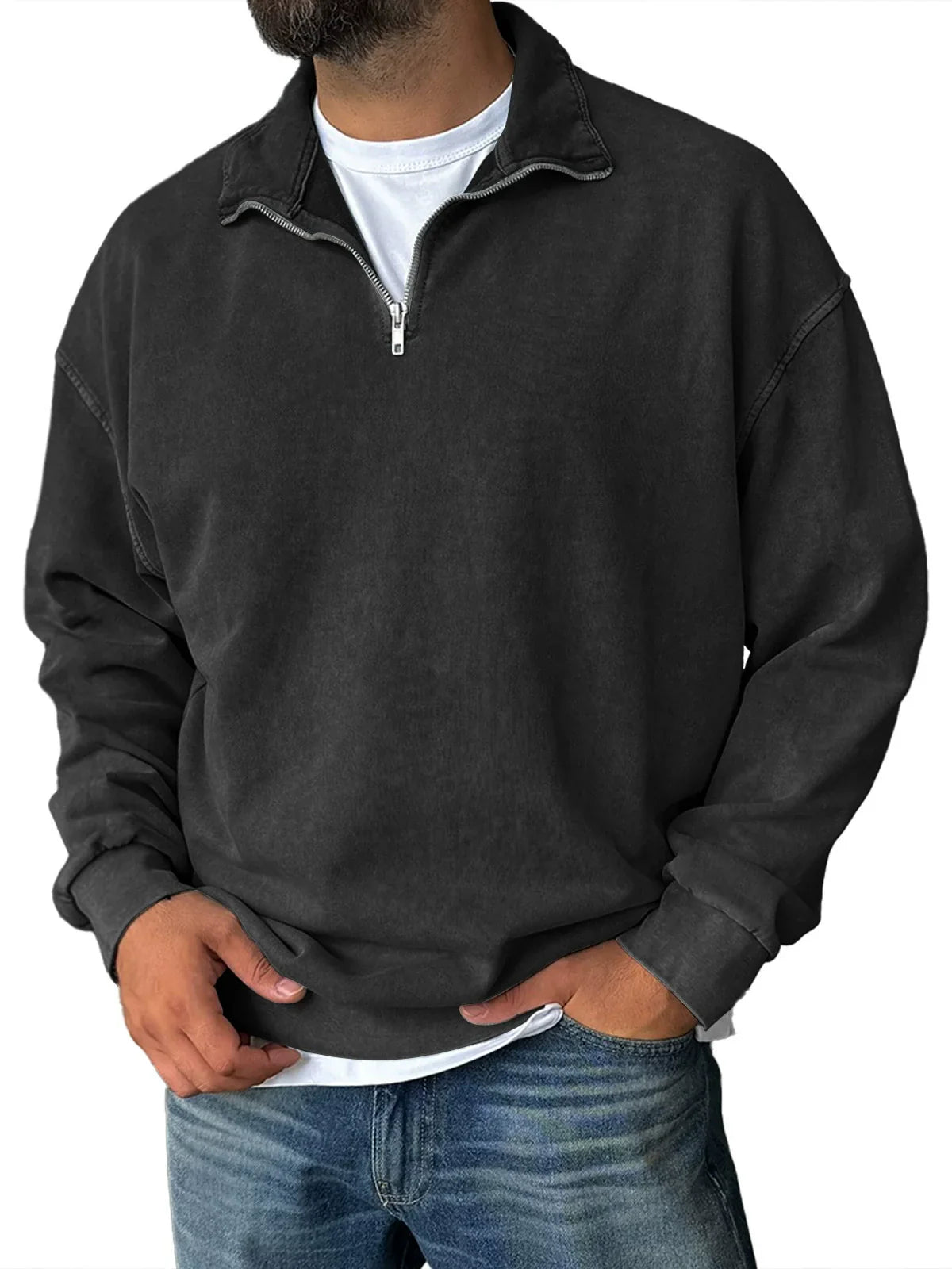Men's grey relaxed fit half-zip sweatshirt with stand collar, drop shoulder cotton blend