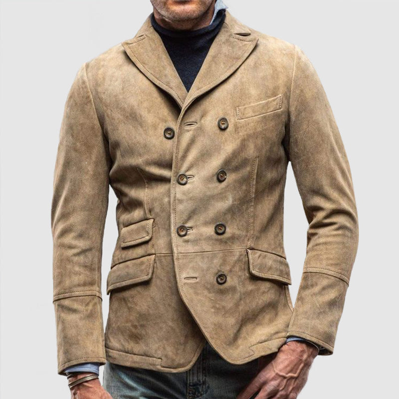 Men's double breasted jacket tailored fit suede-like texture notch lapel versatile semi-formal style