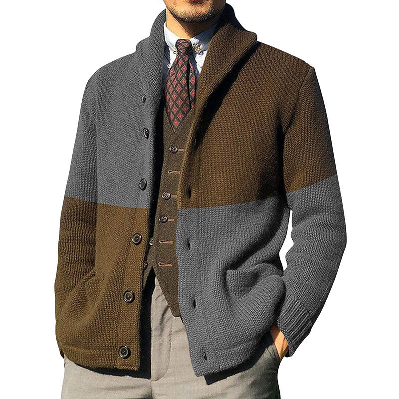 Men's relaxed knit cardigan with rolled shawl collar, button front, and patch pockets for everyday style