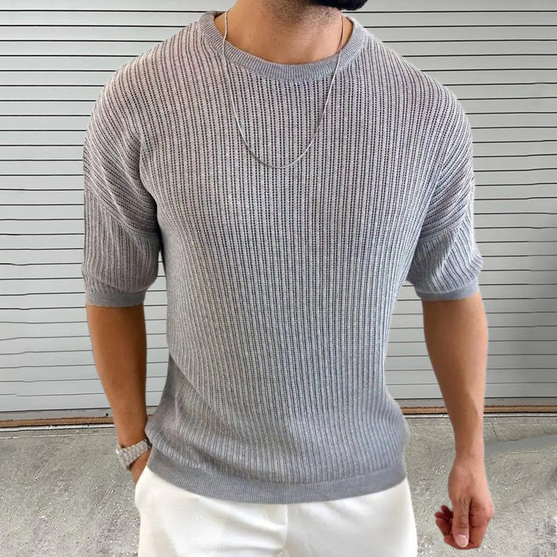 Men's slim fit short sleeve knit sweater light rib texture crew neck 100% cotton modern style