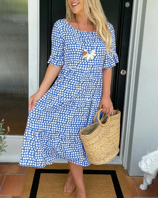 Relaxed midi dress white black polka dots tiered silhouette breathable everyday style