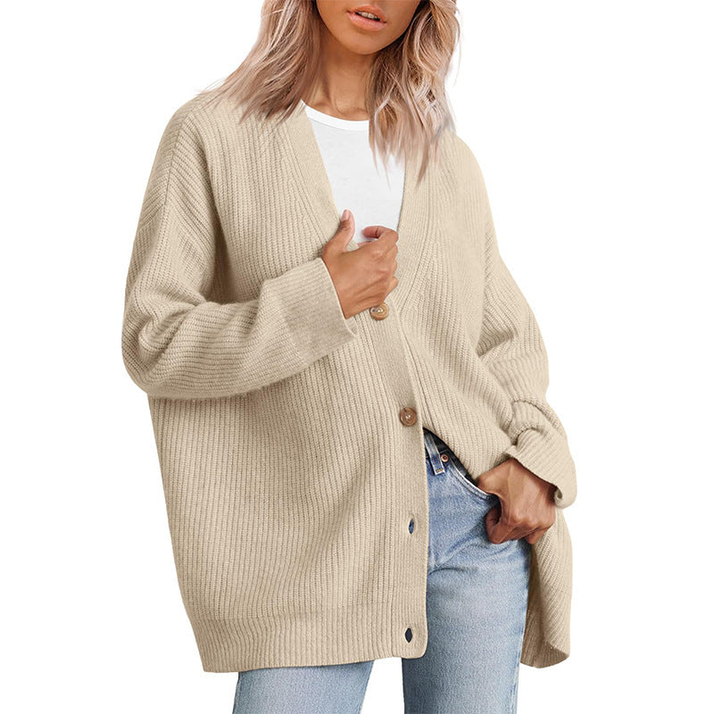 Striped knit cardigan oversized fit classic button-down V-neckline cozy layering piece for women