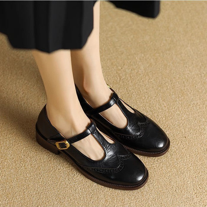 Women's leather T-strap Mary Jane shoes low block heel with brogue detailing in classic style