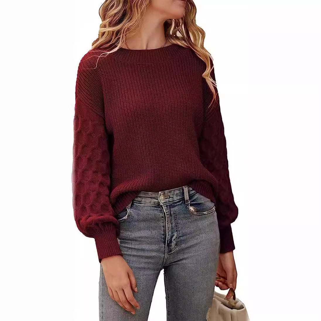 Lily cream chunky knit sweater relaxed fit with textured sleeve pattern for fall winter