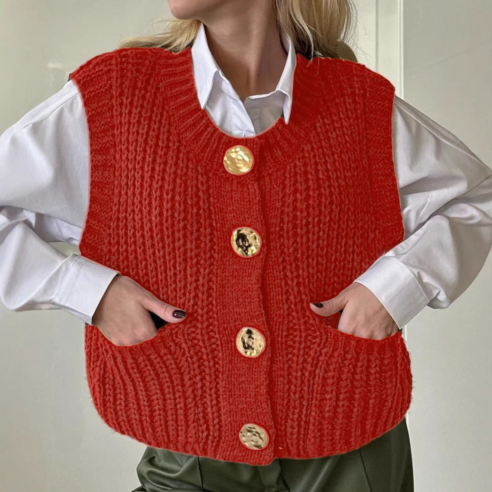 Women's oversized ribbed knit vest wool blend button-front with pockets in neutral tone