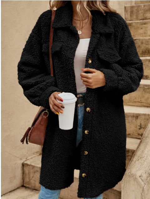 Women's oversized plush fleece long coat in neutral tone with button-down lapel collar for cozy style