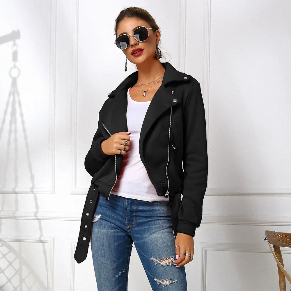 Women's slim-fit cropped jacket in cotton blend with asymmetrical zip and belted hem