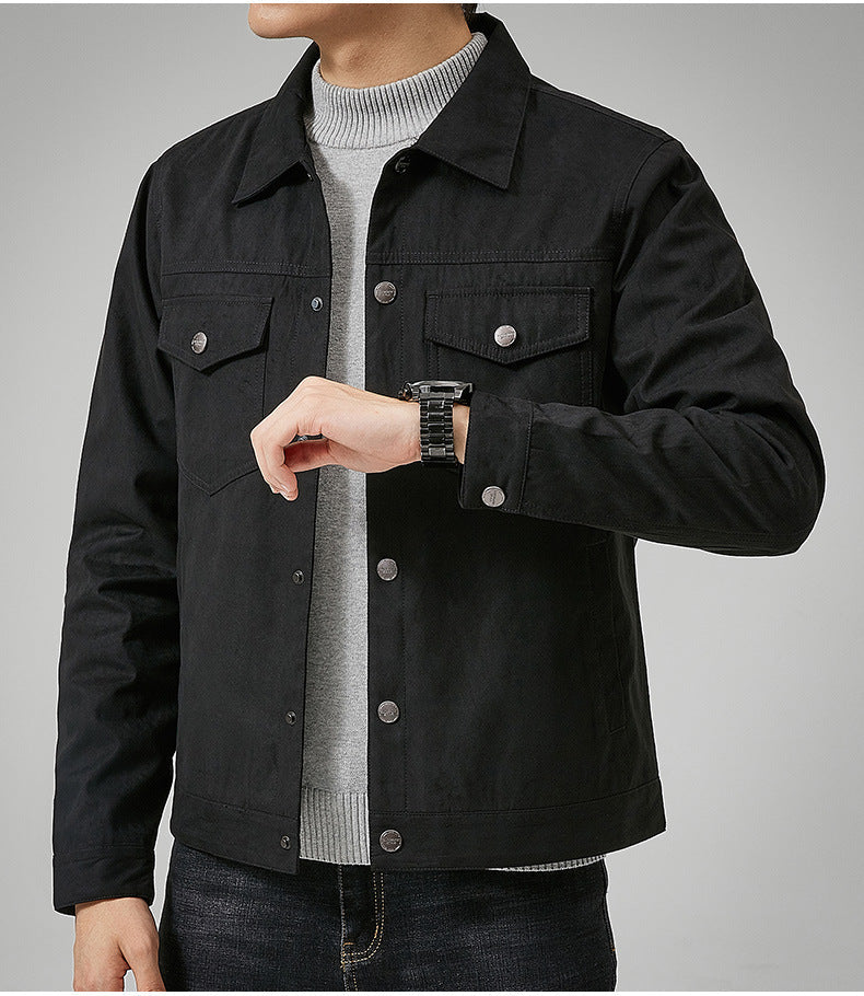 Men suede-style jacket relaxed slim fit front button closure chest flap pocket casual outerwear