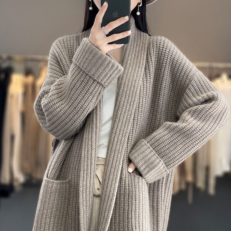 Women's cream oversized knit cardigan open V-neck long sleeves thick wool mix cozy style