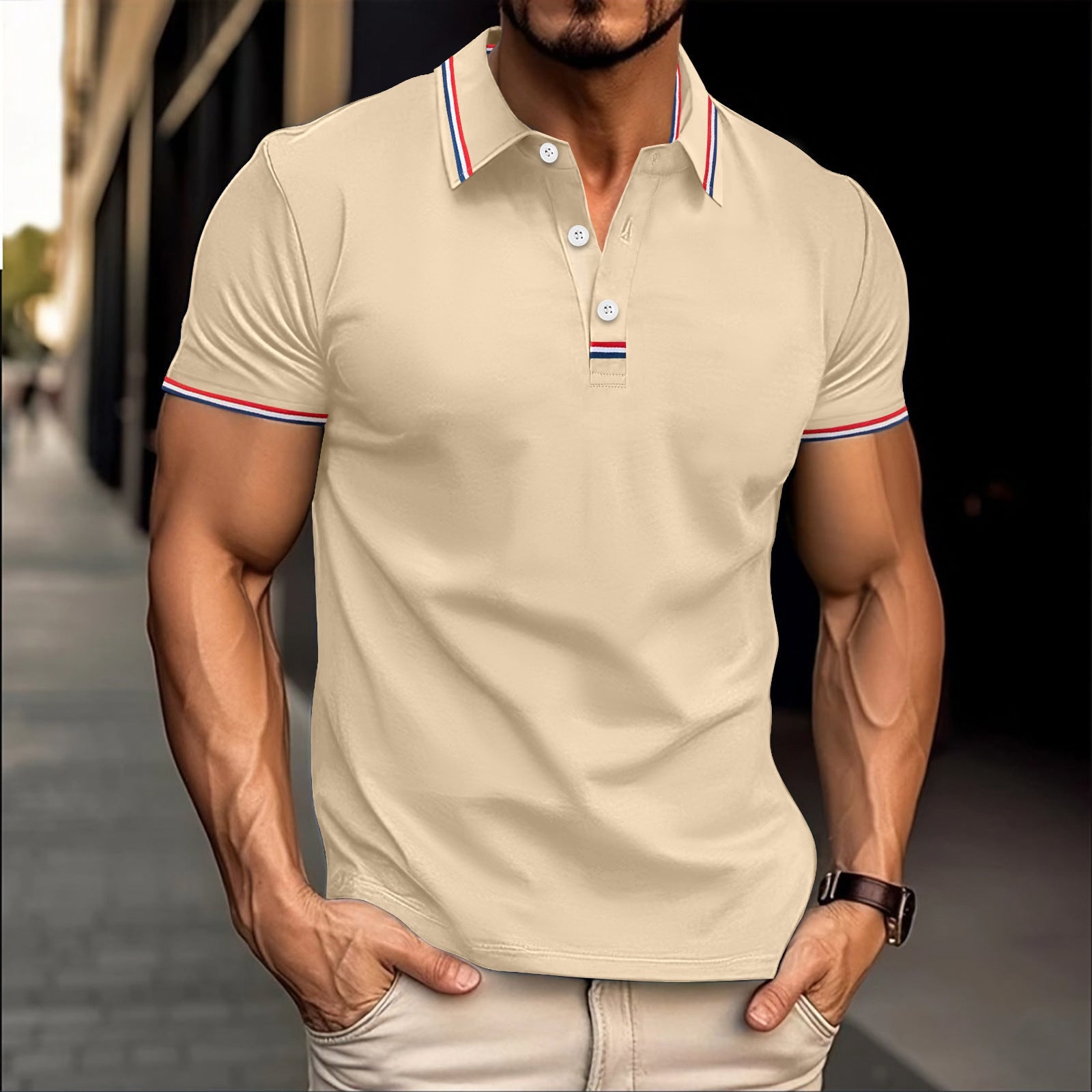 Men's slim fit cotton blend polo shirt with ribbed collar and button placket, modern versatile style
