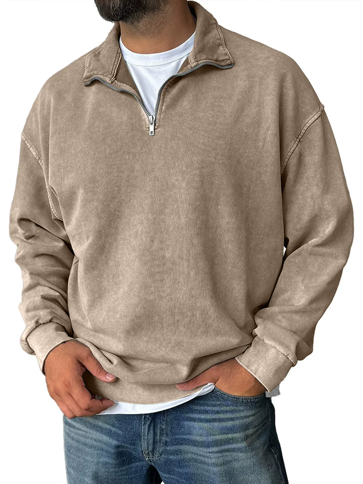 Men's gray relaxed fit half-zip sweatshirt with stand collar, drop shoulder cotton blend