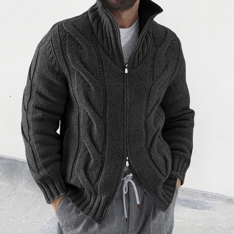 Grey men's wool blend cardigan cable knit sleeves zipper high neck relaxed fit